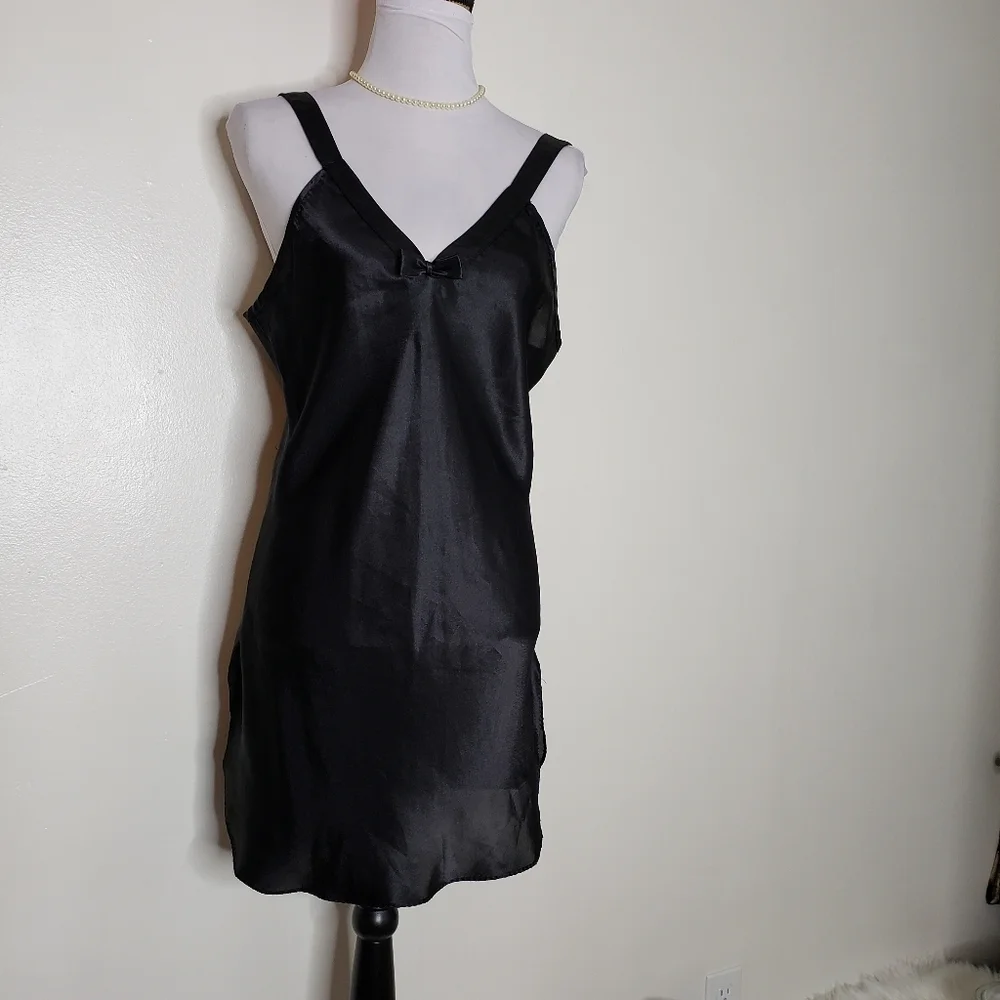 Vintage Black Satiny Night Slip Lingerie Chemise 80s Luxury Sexy Comfy Intimate